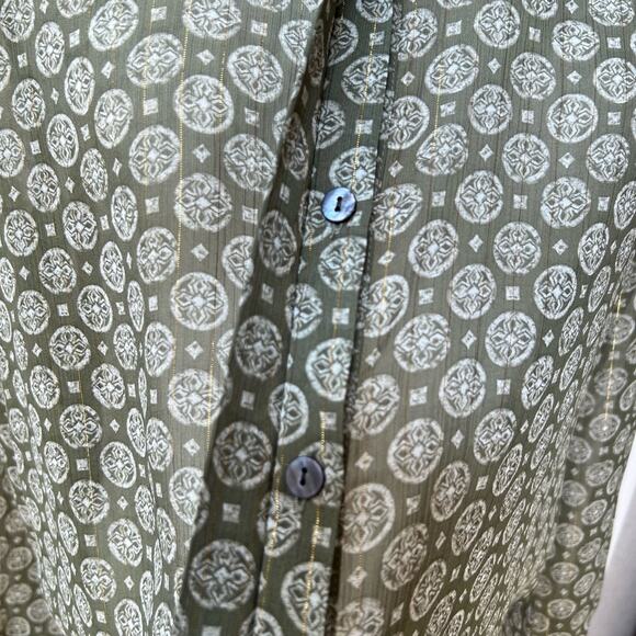 Chico’s Blouse Women M Olive Green Sequin Collar Metallic Sheer Button Front - Picture 8 of 10